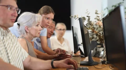 Group of older people studying on computer course Stock Footage 347256919