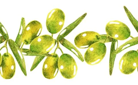 Group of olives with leaves, seamless pattern, watercolor Stock Illustration