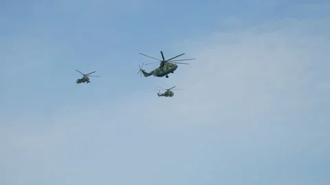 Group of one Mi-26 and two Mi-24 helicopters Stock Footage 192322163