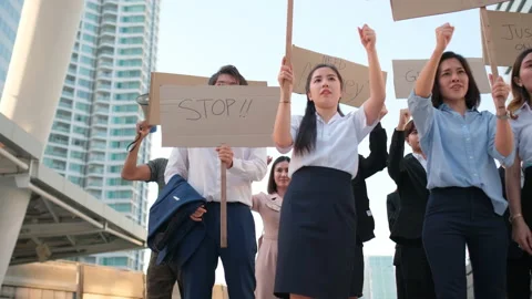 Group or crowd of Asian protestors demand or suppliant of their request Stock Footage 143512000