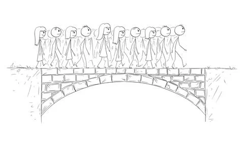 Group or Crowd of People Walking Over Bridge, vector cartoon stick figure or Illustrazione stock