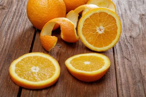 Group of oranges on a wooden table Stock Photos