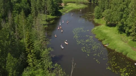 Group of paddle boarders ridnig down river, sunny day Stock Footage 245364413