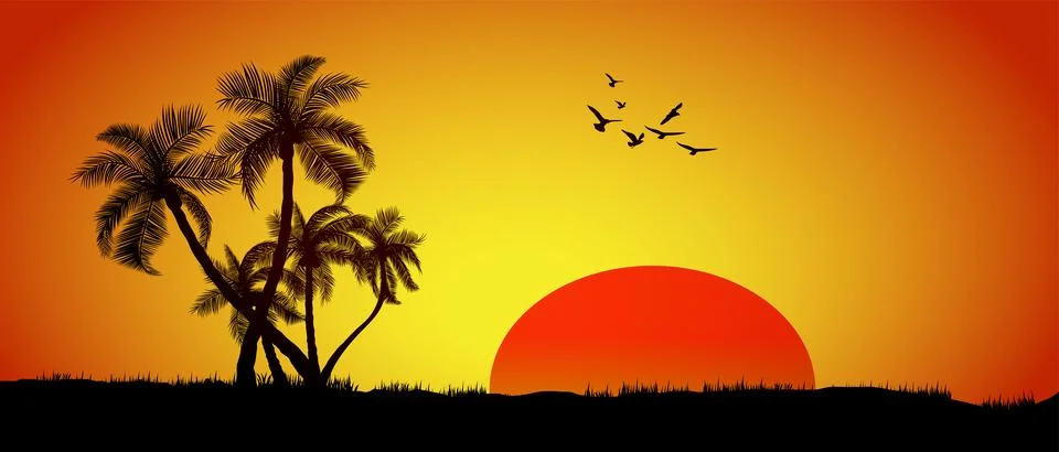 A group of palm tree silhouettes  with sunset background, vector illustration Stock Illustration