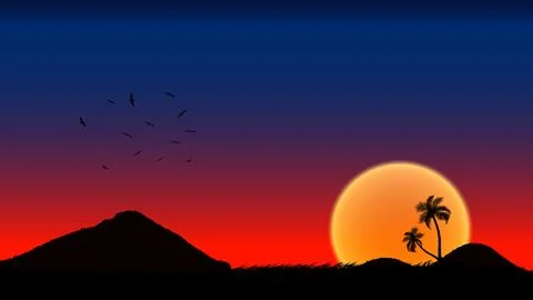 A group of palm tree silhouettes  with sunset background, vector illustration Stock Illustration