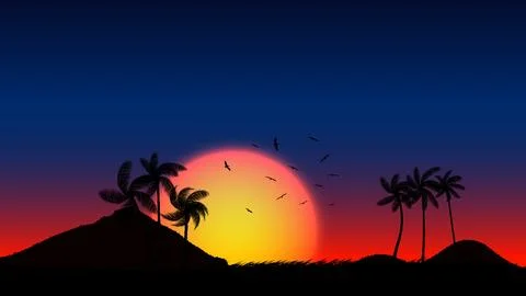 A group of palm tree silhouettes  with sunset background, vector illustration Stock Illustration