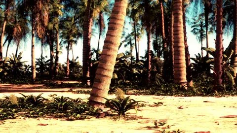 A group of palm trees sitting on top of a sandy beach Stockillustratie