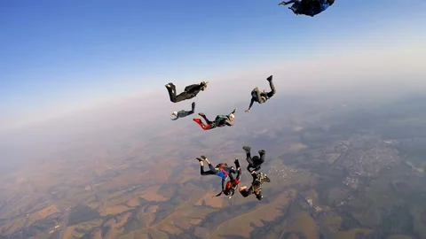 A group of parachutists collides with others Stock Footage 145881890