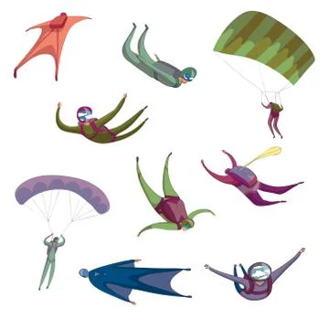 Group of parachutists in different positions. Vector illustration on white Illustrazione stock