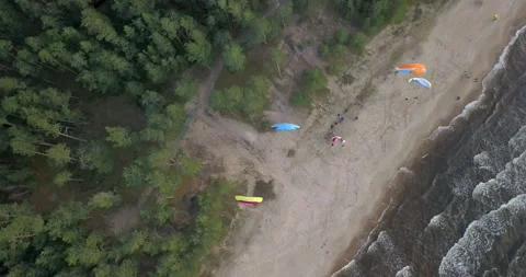Group of paraglider gliding slowly on the beach by using the power of Stock Footage 146860220