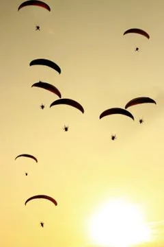Group of paragliding on the sunset background Stock Photos