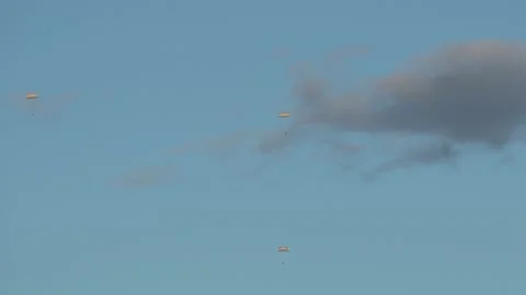 A group of paratroopers one after another dropping in a cloudless blue sky. Stock Footage 147457274