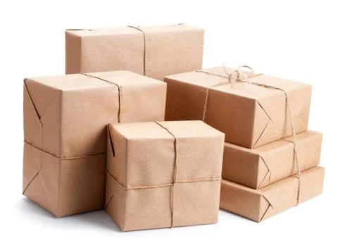 Group of parcel wrapped with brown packing paper Stock Photos