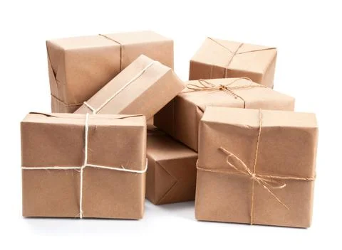 Group of parcel wrapped with brown packing paper Stock Photos