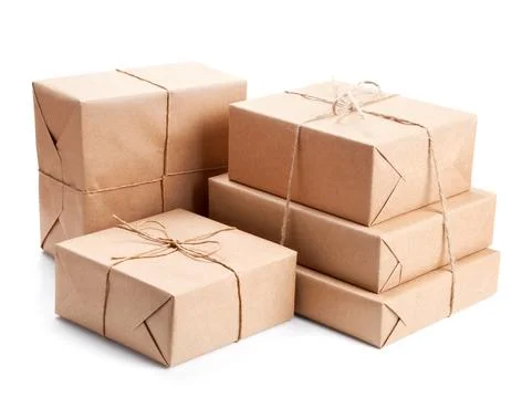 Group of parcel wrapped with brown packing paper Stock Photos