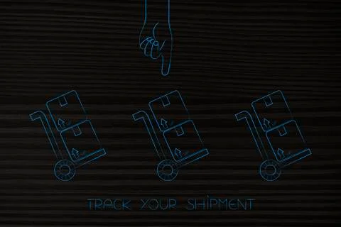 Group of parcels and hand pointing at one Stock Illustration