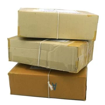 Group of parcels boxes wrapped with brown tape and tied with string Stock Photos