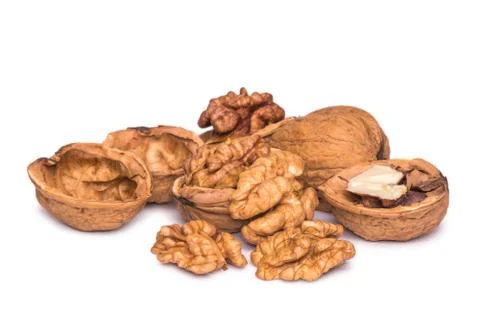 Group of peeled walnut kernels isolated on white background Stock Photos