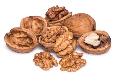 Group of peeled walnut kernels isolated on white background Stock Photos