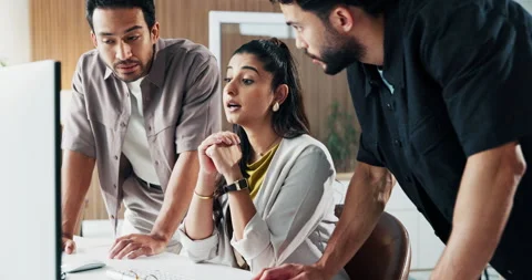 Group, people and advice with computer in office for market shift, stock price Stock Footage 329391660