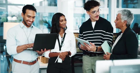 Group, people and developer on tablet in office for programming, IT training and Stock Footage 309142047