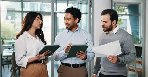 Group, people and document with tablet in office for planning, finance repo.. Stock Photos