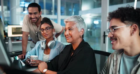 Group, people and programmer on computer in office for IT, collaboration and Stock Footage 309055512