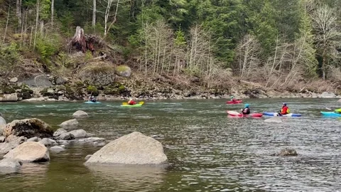 Group of people are going to kayaking on the mountains river. Kayaking on the Stock Footage 244106837