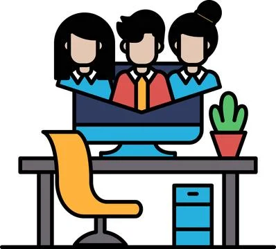 A group of people are shown on a computer monitor, with one person wearing .. Stock Illustration