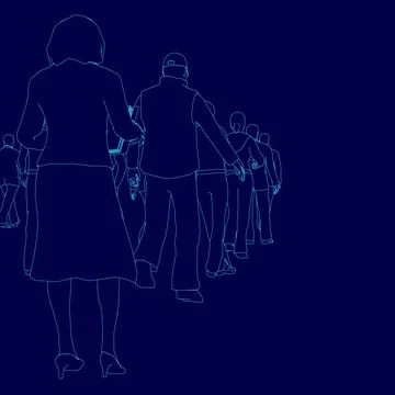 Group of people are walking down a street. The people are all dressed. Scene is Stock Illustration
