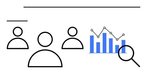 Group of people with bar graph, line chart, and magnifier indicating teamwork イラスト素材