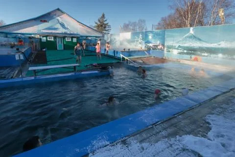 Group of people bathing in spa pool with natural thermal mineral water Stock-Fotos