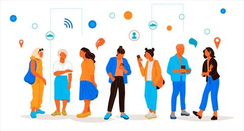 Group of people communicate in Internet using phones and talking, flat vector Stock Illustration