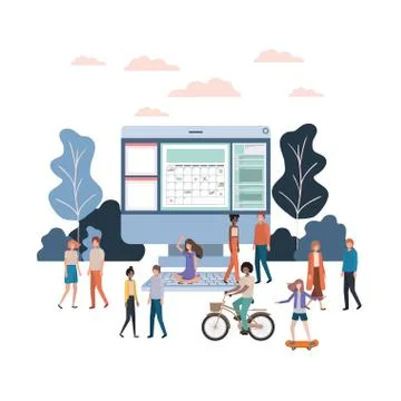 Group of people with computer desktop avatar character Illustrazione stock