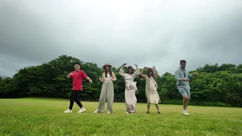 Group of People Dancing on Grassy Field Surrounded by Trees, Jeju Island, South Stock Footage 341180607