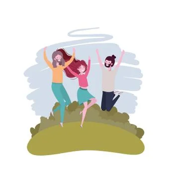 Group of people dancing in landscape with trees and plants Stock Illustration