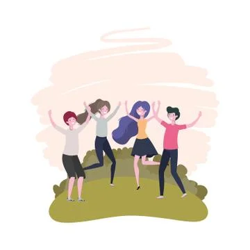 Group of people dancing in landscape with trees and plants Illustrazione stock