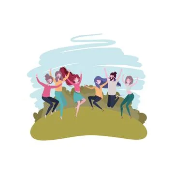 Group of people dancing in landscape with trees and plants Stock Illustration