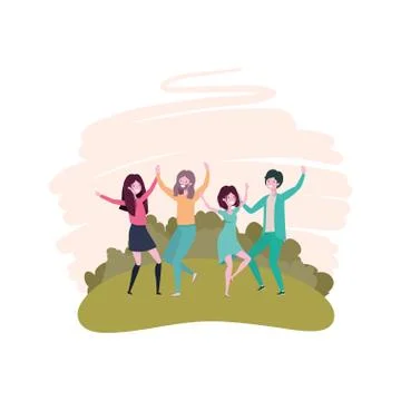 Group of people dancing in landscape with trees and plants Stock Illustration