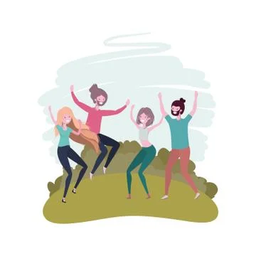 Group of people dancing in landscape with trees and plants Illustrazione stock