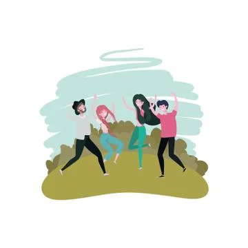 Group of people dancing in landscape with trees and plants Stock Illustration