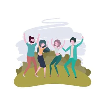 Group of people dancing in landscape with trees and plants Stock Illustration