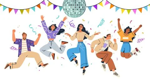 Group of People Dancing Under Disco Ball with Colorful Bunting and Confetti Illustrazione stock