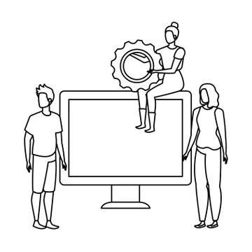 Group of people with desktop computer 스톡 일러스트