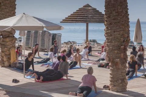 Group of people of different ages, from different countries doing yoga on the Stock Photos