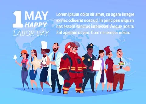 Group Of People Of Different Occupations Standing Over World Map Background Ilustração Stock