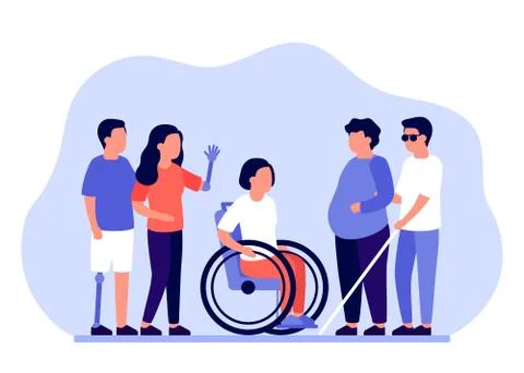 Group of people with disabilities in need of support and assistance. Prosthet Stock Illustration