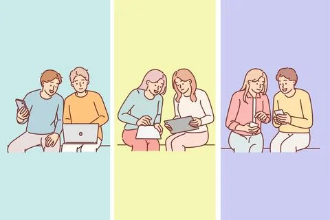 Group of people do teamwork and use laptop and phone or digital tablet to Stock Illustration