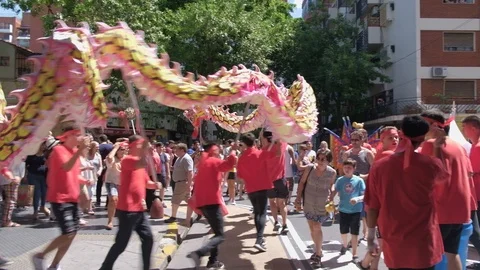 A group of people doing a Dragon dance on the street at Chinese new year event Stock-Footage 124024063