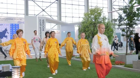 Group of people doing qigong exercise together at sport exhibition Stock Footage 159911052